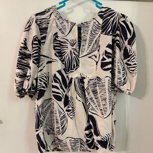 Nicole Miller Navy and White Leaf Print Blouse - M